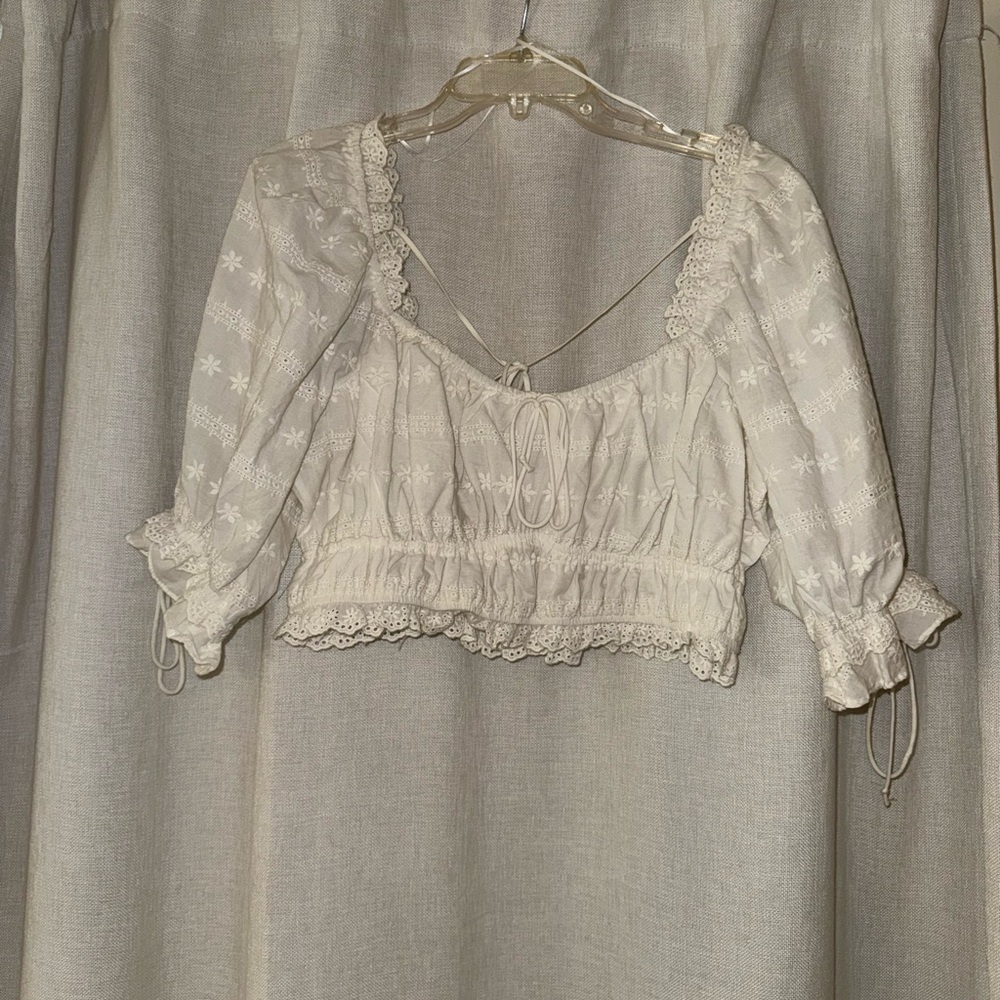 White Smocked Ruffled Crop Blouse